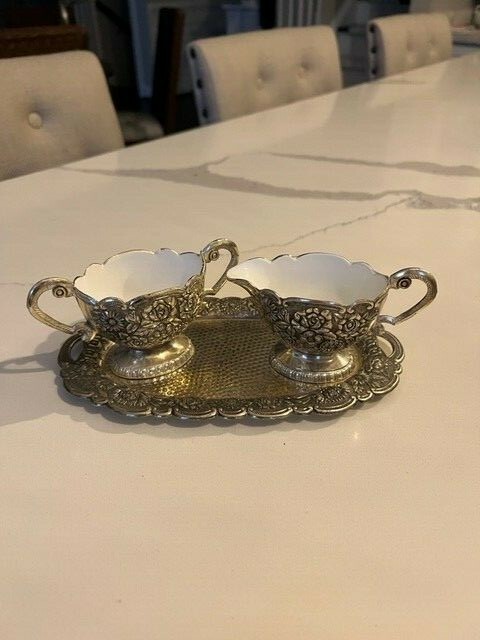 Nasco Enamel Lined Cream Sugar Set Silverplate Ornate Metal With Tray Vitage