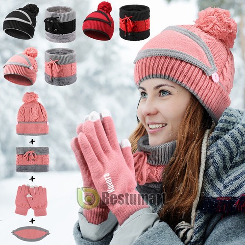 Mujeres Invierno Gorro Sombrero Tejido Bufanda Conjunto Calavera Gorra Máscara + Pantalla Táctil Guantes de Esquí - Imagen 1 de 34
