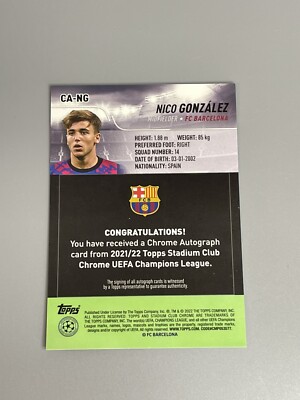 ルカ スシッチ スチッチ Topps Stadium Club  直筆サイン Nico Gonzalez 2021-22 Stadium Club Chrome UCL Rookie RC Autograph