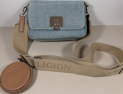 True Religion Blue Beige Small Shoulder Bag Adjustable Strap Logo Coin Purse
