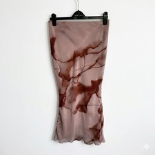 New Look Abstract Marble Print Midi Skirt Pink Brown Mesh Overlay Lined UK 10