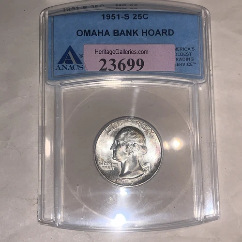 1951-S Washington Silver Quarter 25c ‘Omaha Bank Hoard’ ANACS MS 66