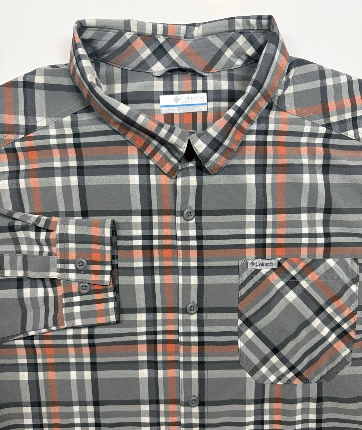Columbia Shirt Mens XL Orange Plaid Outdoor Hiking Fishing Stretch Button Down