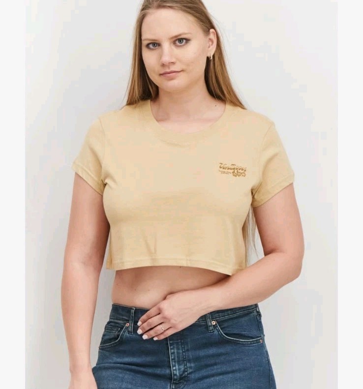 Women Round Neck Short Sleeve Graphic Crop Top, Sand AU14 102cm Bust
