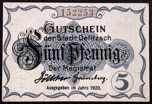 DELITZSCH 1920 "Help Yourself and God Helps You" 5 Pfennig German Notgeld - Picture 2 of 2