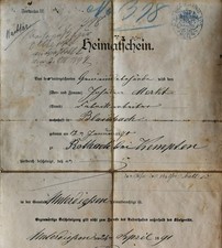 Heimatschein Bayern 1891 Dokument historisch Johann Merkt Bescheinigung