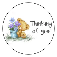 12 THINKING OF YOU  STICKERS ENVELOPE SEALS LABELS 2.5" TAGS TEDDY BEAR FLORAL