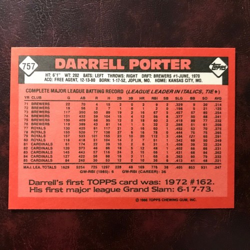 1986 Topps TIFFANY Set DARRELL PORTER #757 CARDINALS ** MINT ** HIGH GRADE ** - Picture 2 of 2
