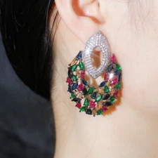 Women Chunky Black Gold Plated Colorful Cubic Zirconia Big Drop Earrings Jewelry