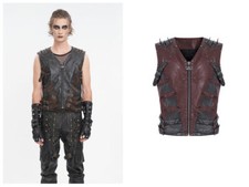 Devil Fashion Men Black Red Goth Punk Spiked Faux Leather Vest Zip-Up Waistcoat