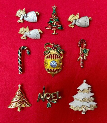 Lot of 10 Christmas Holiday Themed Brooch Pins Danecraft Angels Tree Candy Cane