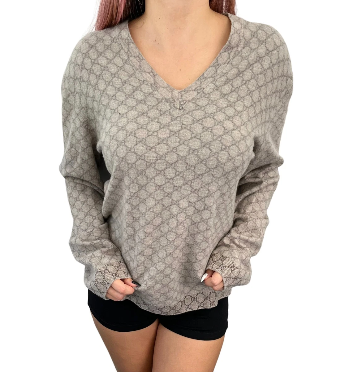 GUCCI Vintage GG Monogram Sweater Top #XL Pullover Cashmere Beige