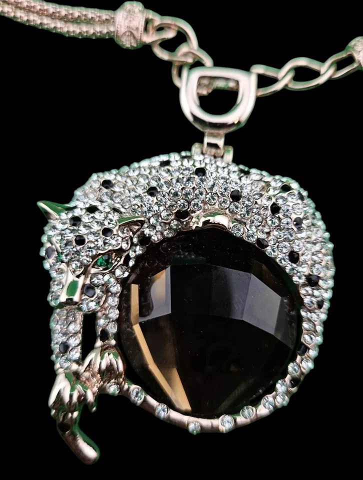 Collar VIENNOIS Leopardo Estrás Ámbar Tono Plata Cinta Negra Joyería 18"L Foto 2 de 3