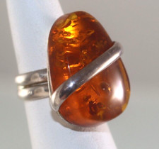 Fab Large statement Vintage Clear-Honey BALTIC AMBER Sterling Silver Ring 7