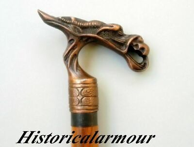 DRAGON SOLID HEAD HANDLE FOR VINTAGE ORNATE BROWN WOODEN WALKING STICK CANE GIFT