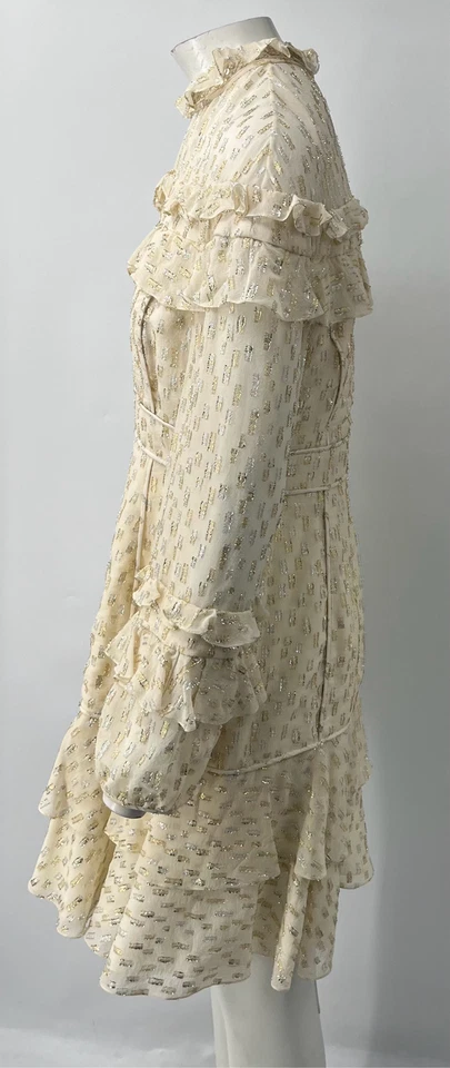 Vestido J. Mendel Resort 2018 blanco roto estampado seda volantes línea A talla 12 Foto 3 de 4