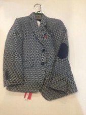 Boys Elie Balleh Blue Geometric Design Blazer With Blue Elbow Patch, Size 6