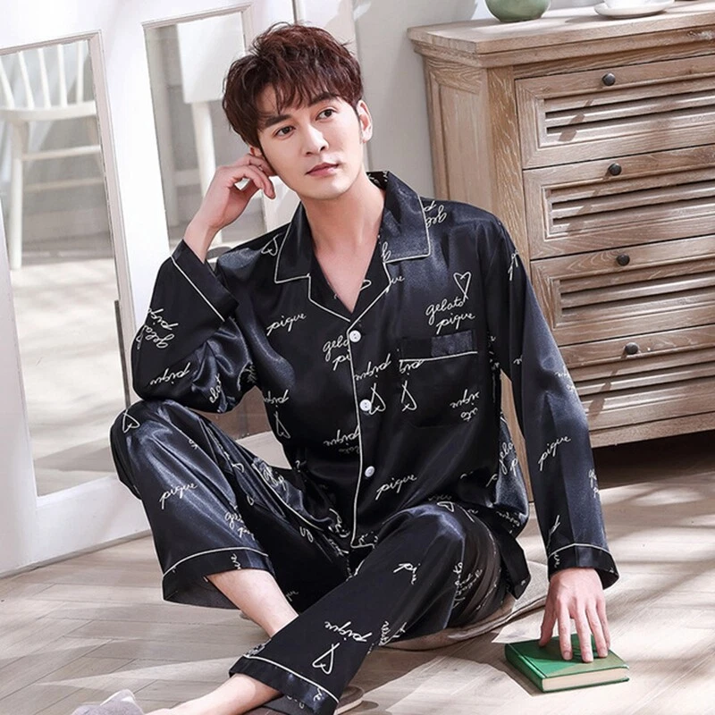 Mens Silk Satin Pajamas Nightwear Pyjamas PJS Set Long Sleeve Print  Sleepwear