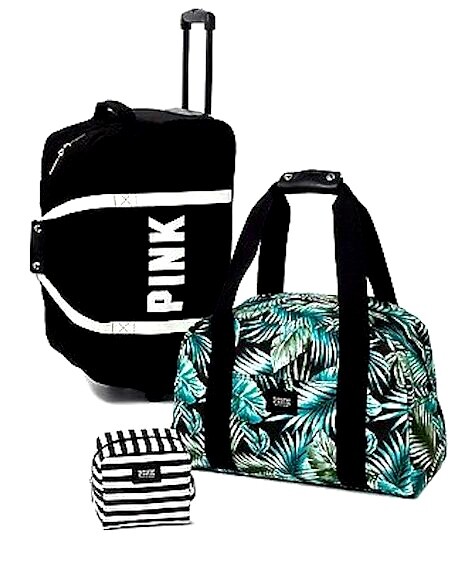 ★新品⭐︎未使用★お得なVictoria's Secret 3点セット Victorias Secret Pink Black & Palm 3 Pc Wheelie Duffle Bag Luggage