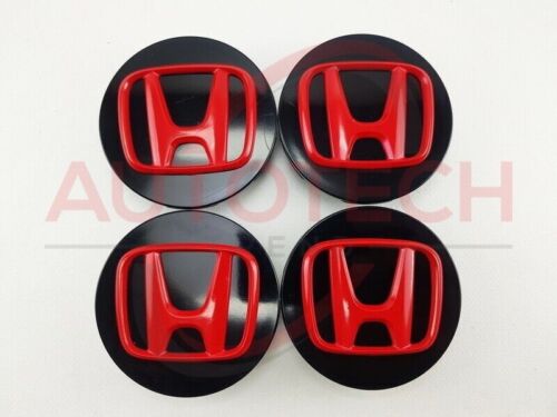 Black/Red HONDA Set Of 4 Wheel Center Caps 69MM - Picture 2 of 5