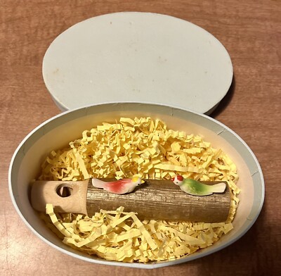 Wooden Hand Carved Whistle Plastic Two Cockatiel Birds Green And Red Pre-owned