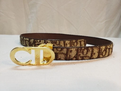 Authentique Christian DIOR Trotter Ceinture Vintage Cuir/Toile Beige x Marron 26 32