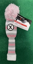 NEW Maxfli ‘X’ Hybrid/Rescue Knitted Pom Pom Golf Head Cover Pink White Gray 