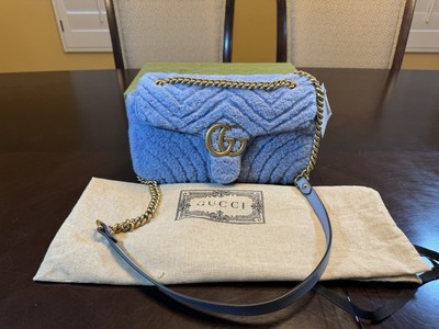 New Authentic Gucci GG Marmont Faux Fur Shoulder Bag Blue