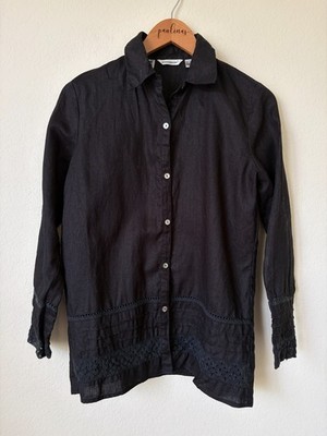 Richard Malcolm Top Womens Small Black Irish Linen Crochet Lace Trim Shirt S