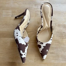 Jessica Simpson Cow Print Heels Stiletto Pointed Toe 9M Mules NWT Western Bold