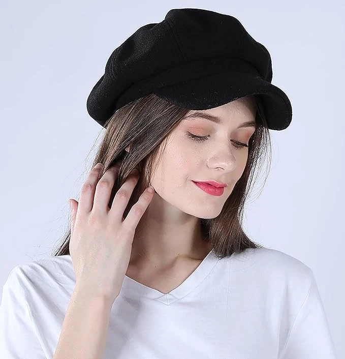 Sombrero Pageboy para Mujer Gorras de Fieltro de Lana Newsboy De Colección 8 Medianas, Estilo Negro3 Foto 3 de 4