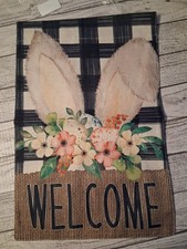 Welcome Easter White Bunny Ears Garden Flag Floral 12X18 In Double Sided Burlap