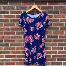 Navy Blue and Pink Rose Floral Print Short Sleeve Mini Shift Dress