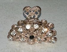 Vintage Ornate Copper Colored Metal Hair Clip, Clear/Black Rhinestones, 1" X 2"
