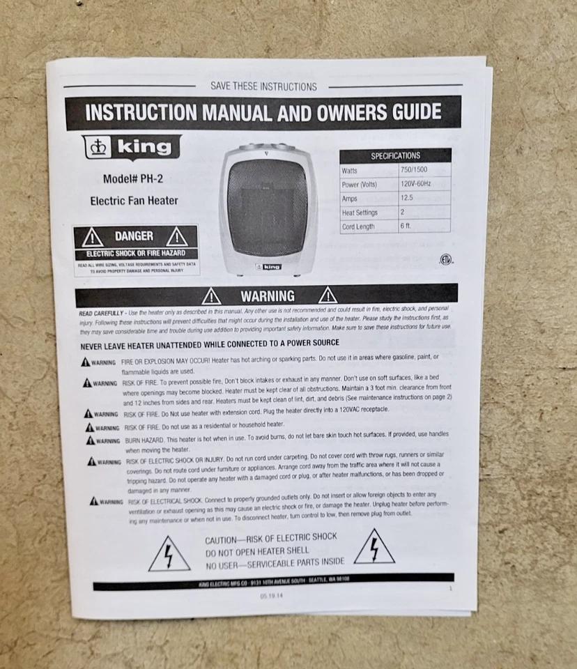 Calentador Cerámico Portátil Eléctrico King PH-2 NUEVO Foto 3 de 4