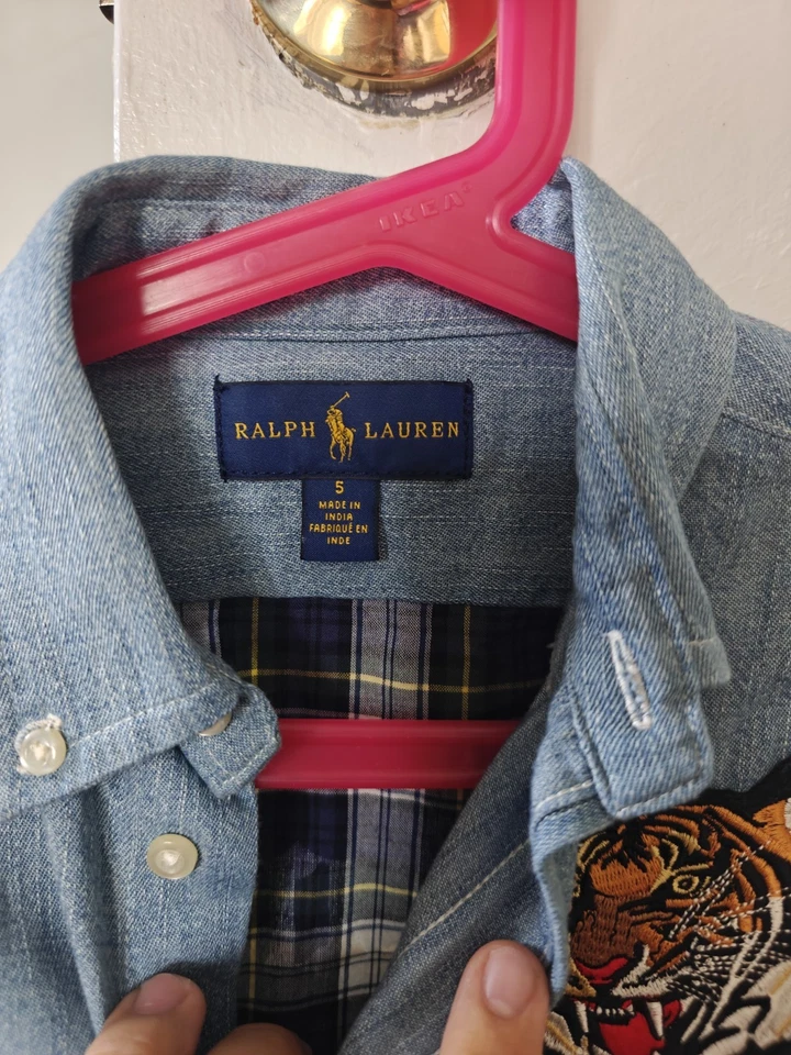 Ralph Lauren Shirt Youth Boys 5 Polo Tiger Patch Denim Jean Long Sleeve Button - Image 2 of 4