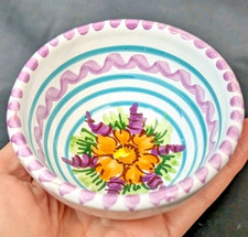 Small Vintage Handpainted Floral Design Terra Cotta Pottery Trinket Dish Bowl