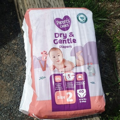Parent's Choice Dry & Gentle Diapers Size 2 40 Count 12-18 lbs Unisex White