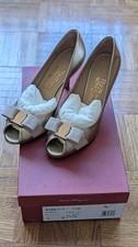 Salvatore Ferragamo Ribes C Gold Peep Toe Pumps 7cm Heel Size 6B w/ Box