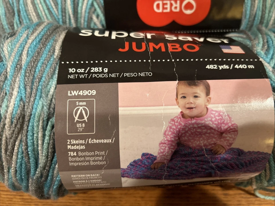 2 件 Red Heart Super Saver Jumbo Skeins 纱线,包装,冰岛 10 盎司每 482 码 ea — 第 3/4 张图片