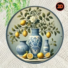 1pc Vintage Floral Still Life Round Aluminum Wall Art - Classic Blue & White Por