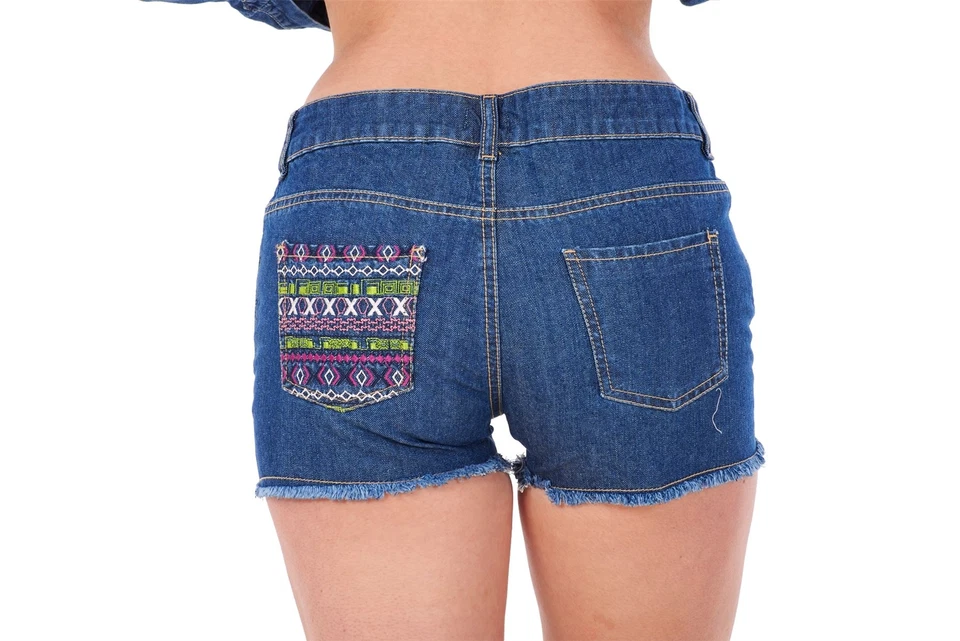 Pantalones cortos de mezclilla bordados 100 % algodón con cremallera y mosca para mujer Pantalones cortos deshilachados de verano Foto 3 de 3