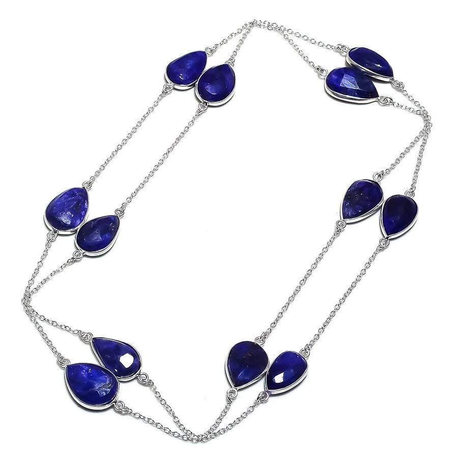 Hermoso collar de piedras preciosas de zafiro azul hecho a mano cadena en forma de pera joyería 36" Foto 3 de 4