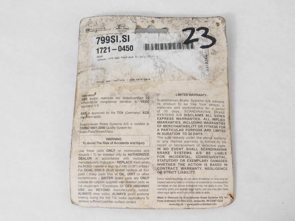 NUEVO SBS SI Juego de pastillas de freno sinterizadas 799SI / 1721-0450 Yamaha YFM 660 Grizzly Foto 3 de 4