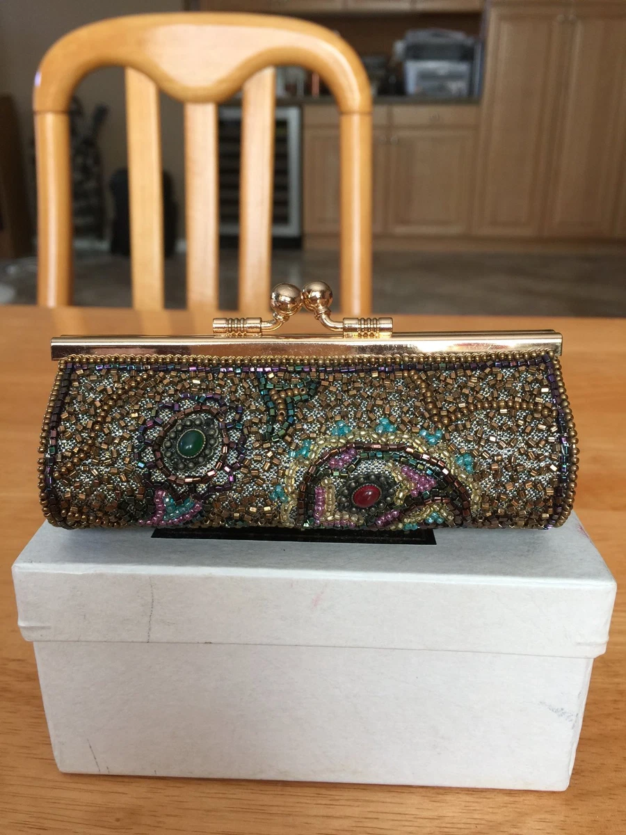 Vintage Gold Beaded Clutch with Compact