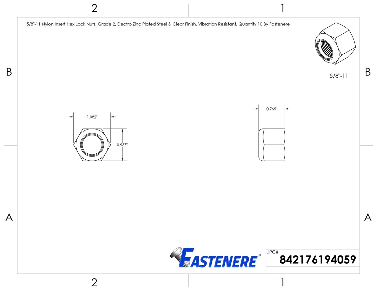 5/8-11 Nylon Insert Lock Nuts, Grade 2, Zinc Plated (Pack Of 10)