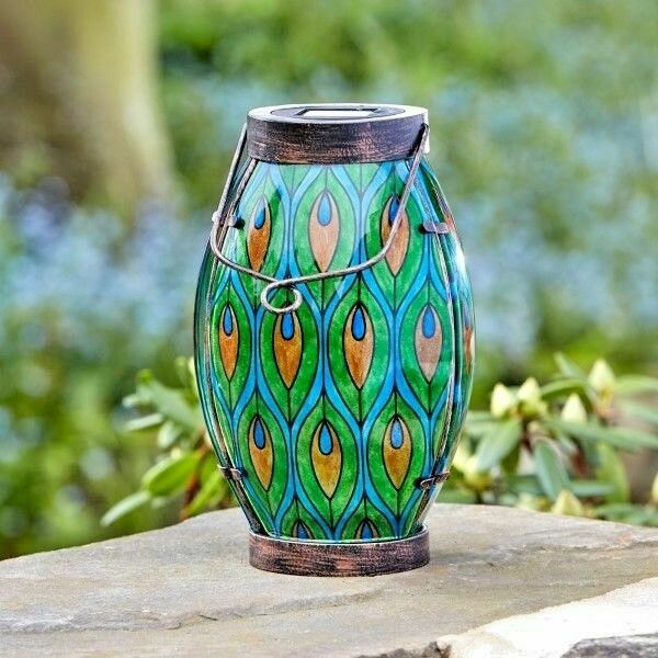 Lovely Peacock Table Top Or Hanging Garden Glass Lantern Solar Powered