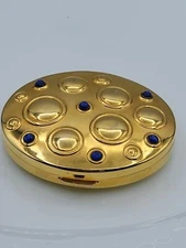 WONDERFUL ESTEE LAUDER GOLD-TONE SAPPHIRE BLUE CABOCHON BUBBLE MIRRORED COMPACT 