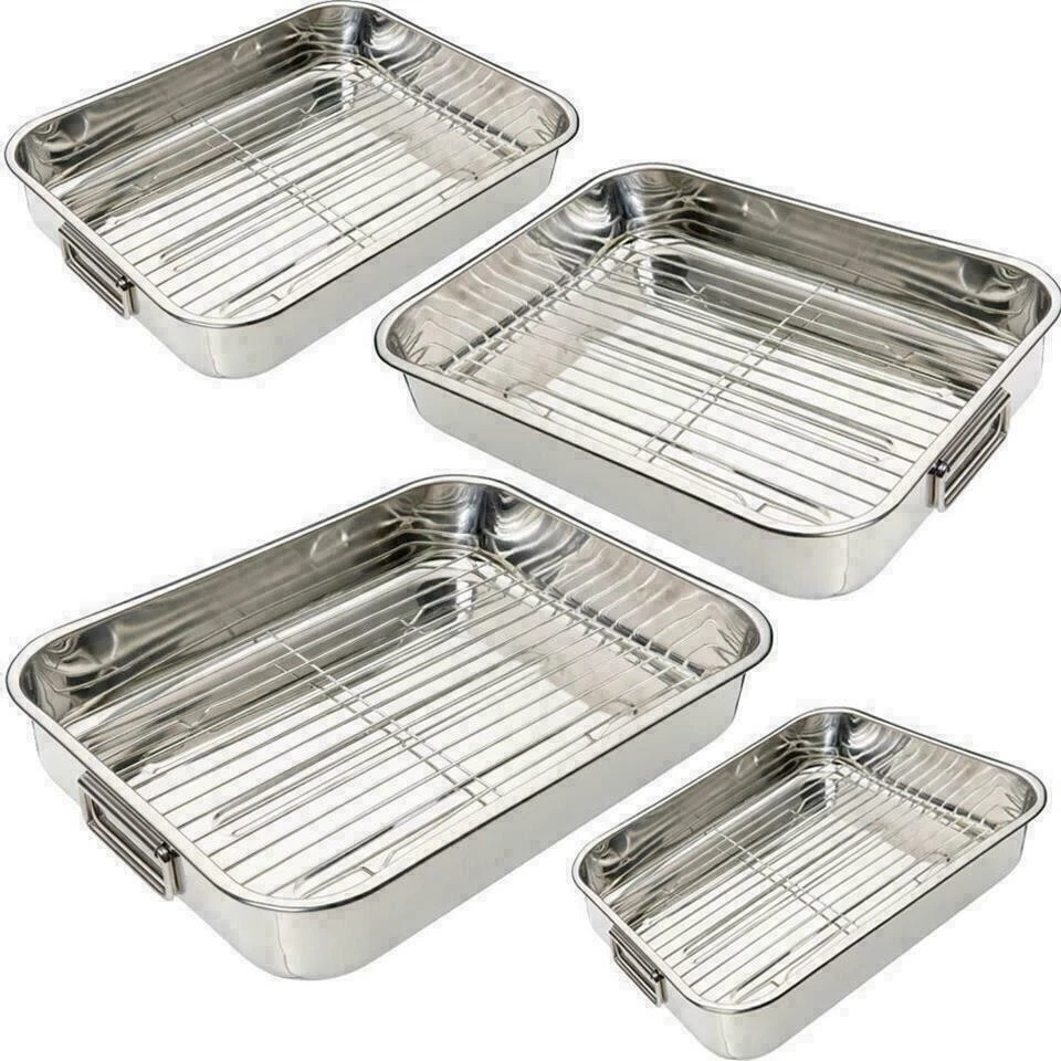 4 Piece Stainless Steel Roasting Tray Pan Set Oven Baking Roaster Tin Grill Rack