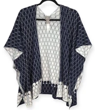 Chico's Women's Shawl Cardigan Sweater Poncho OS Reversible Navy White Geometric